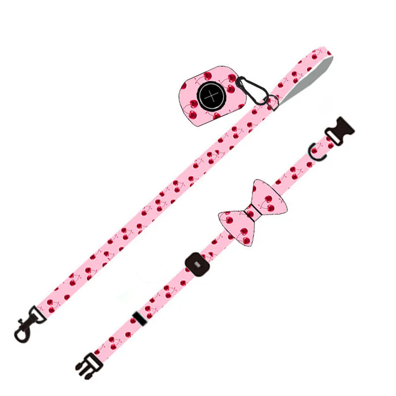 Pink cloth dog leash set with chest strap, collar, traction rope, bowknot, and dog poop bag