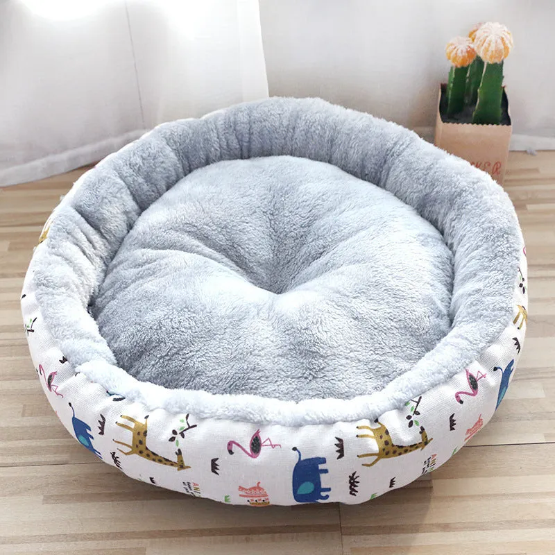 Round cotton padded pet nest bed for dogs and cats, Arctic fleece and linen canvas, small size
