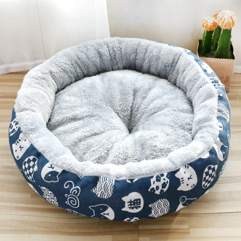 Round cotton padded pet nest bed for dogs and cats, Arctic fleece and linen canvas, small size