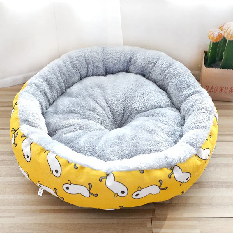 Round cotton padded pet nest bed for dogs and cats, Arctic fleece and linen canvas, small size