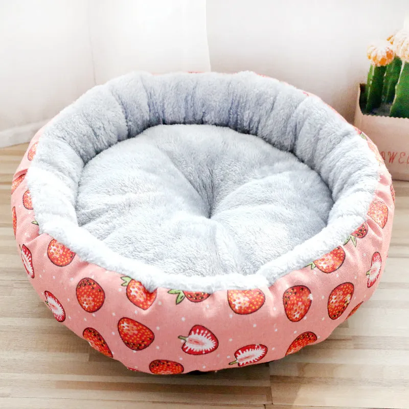 Round cotton padded pet nest bed for dogs and cats, Arctic fleece and linen canvas, small size