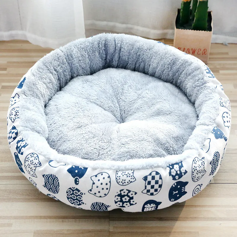 Round cotton padded pet nest bed for dogs and cats, Arctic fleece and linen canvas, small size