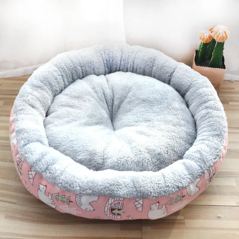 Round cotton padded pet nest bed for dogs and cats, Arctic fleece and linen canvas, small size