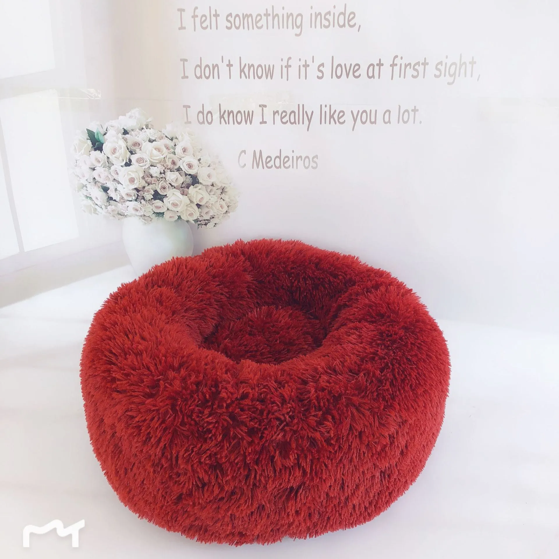 Round plush pet bed 110cm diameter in soft vegan fur fabric, available in multiple colours for small dogs and cats