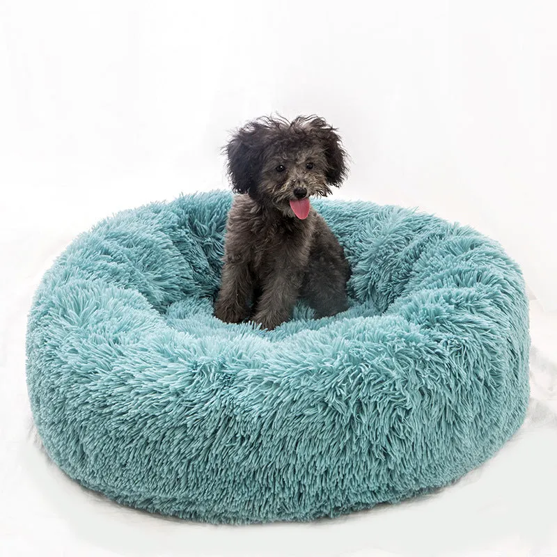 Round plush pet bed 110cm diameter in soft vegan fur fabric, available in multiple colours for small dogs and cats