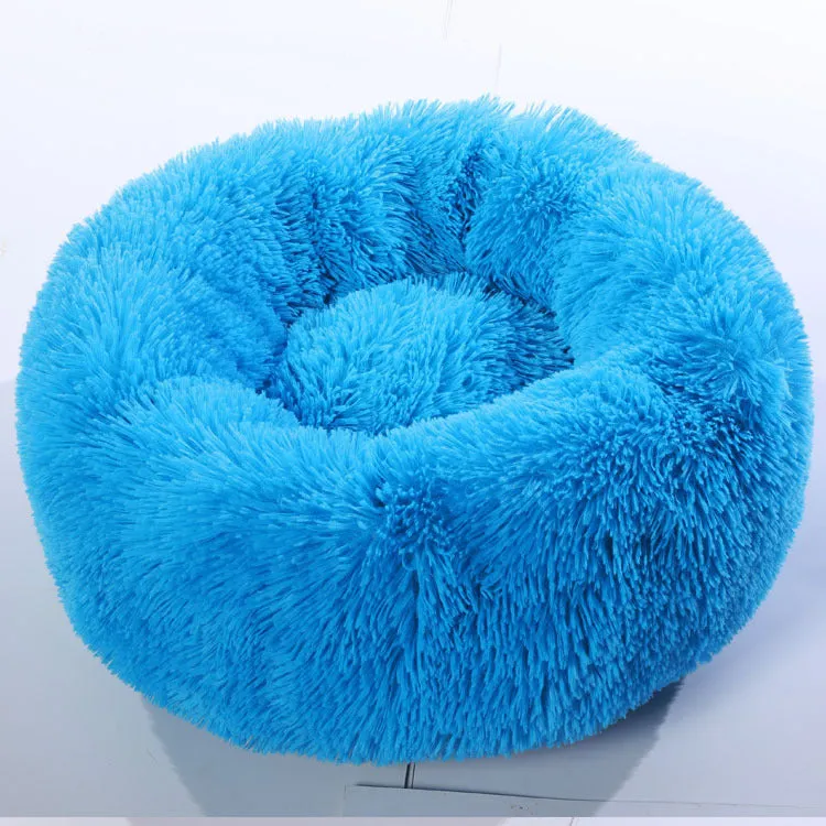 Round plush pet bed 110cm diameter in soft vegan fur fabric, available in multiple colours for small dogs and cats