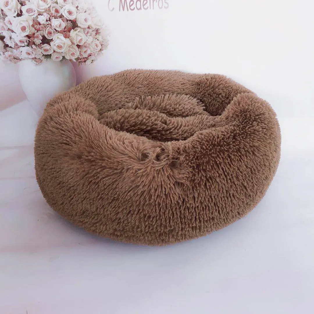 Round plush pet bed 110cm diameter in soft vegan fur fabric, available in multiple colours for small dogs and cats
