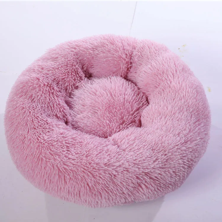 Round plush pet bed 110cm diameter in soft vegan fur fabric, available in multiple colours for small dogs and cats