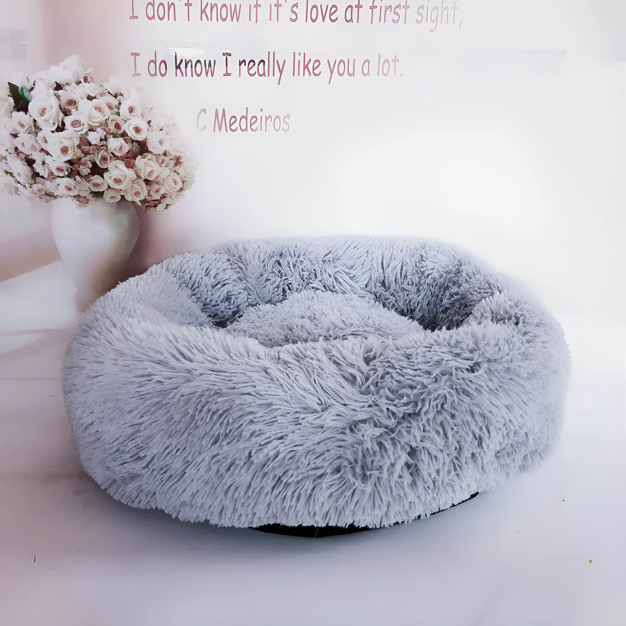 Round plush pet bed 110cm diameter in soft vegan fur fabric, available in multiple colours for small dogs and cats