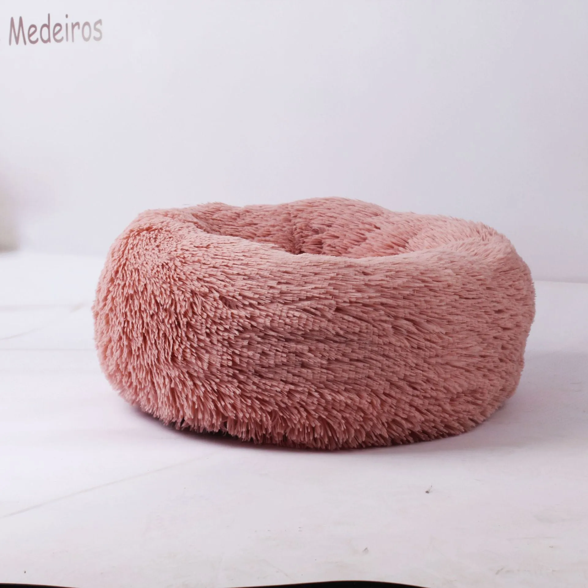 Round plush pet bed 110cm diameter in soft vegan fur fabric, available in multiple colours for small dogs and cats