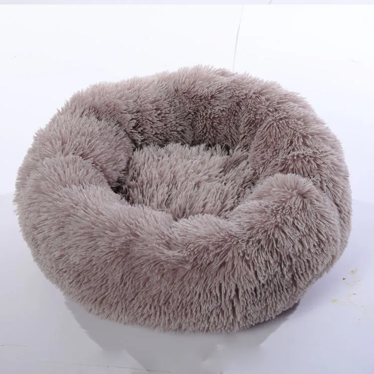 Round plush pet bed 110cm diameter in soft vegan fur fabric, available in multiple colours for small dogs and cats