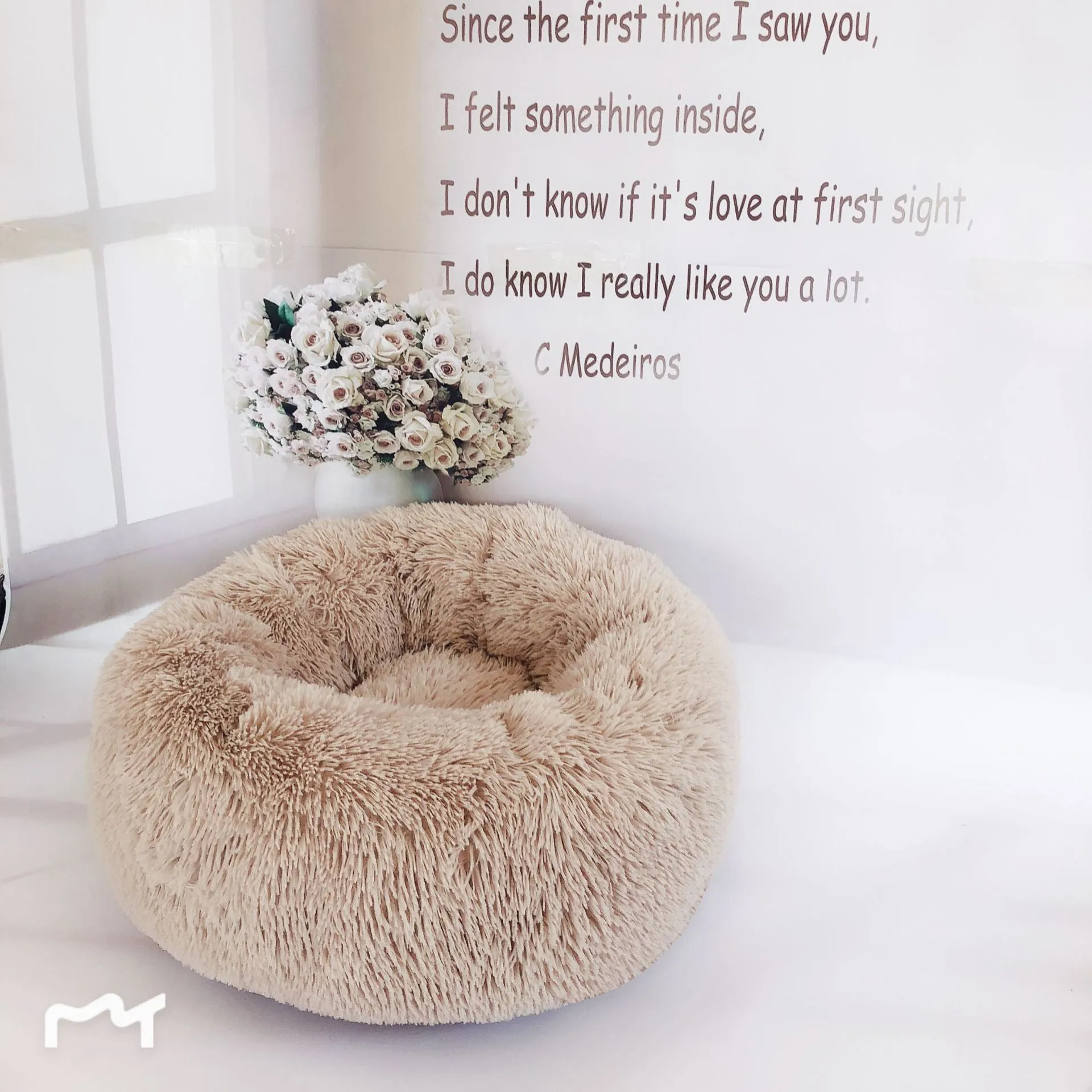 Round plush pet bed 110cm diameter in soft vegan fur fabric, available in multiple colours for small dogs and cats