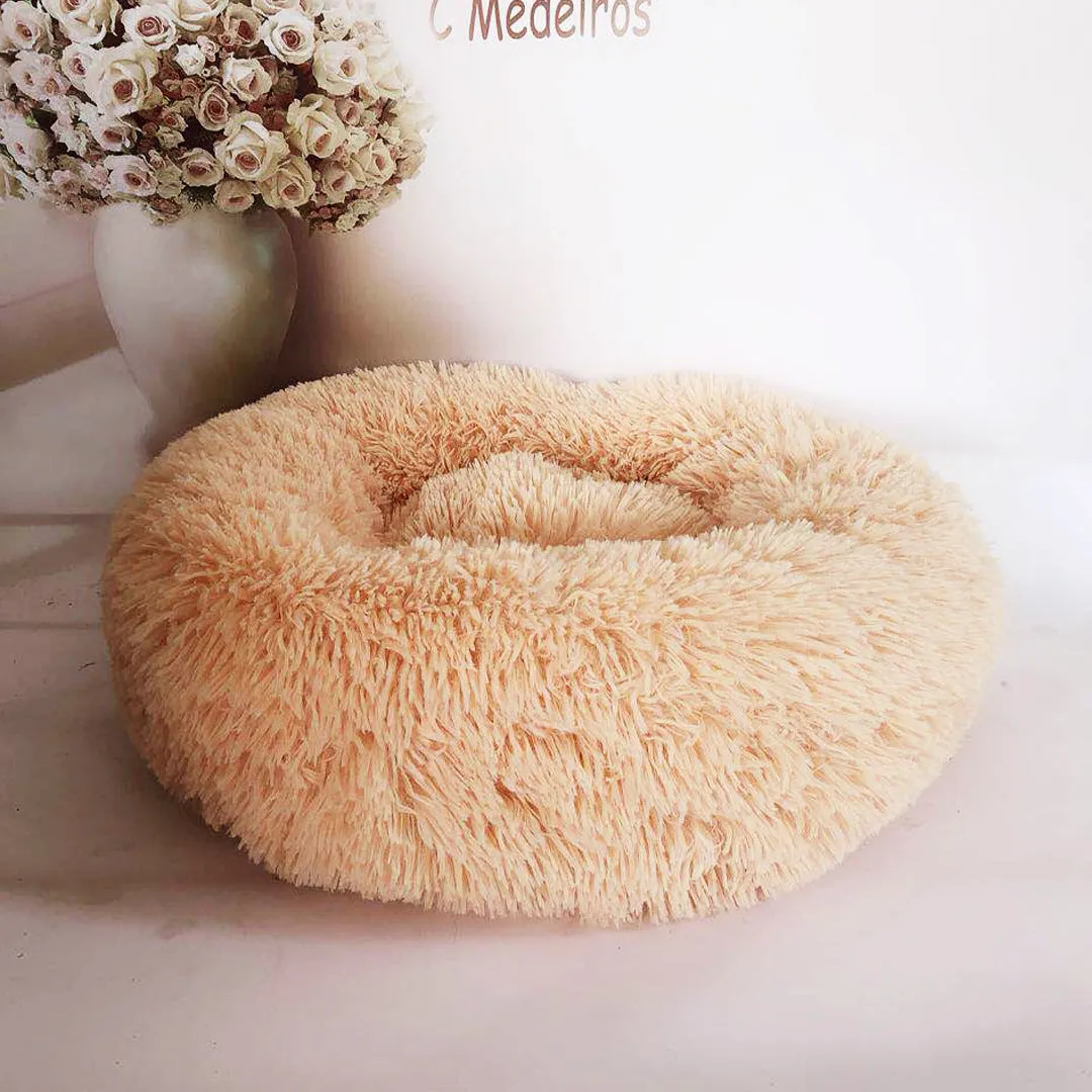 Round plush pet bed 110cm diameter in soft vegan fur fabric, available in multiple colours for small dogs and cats