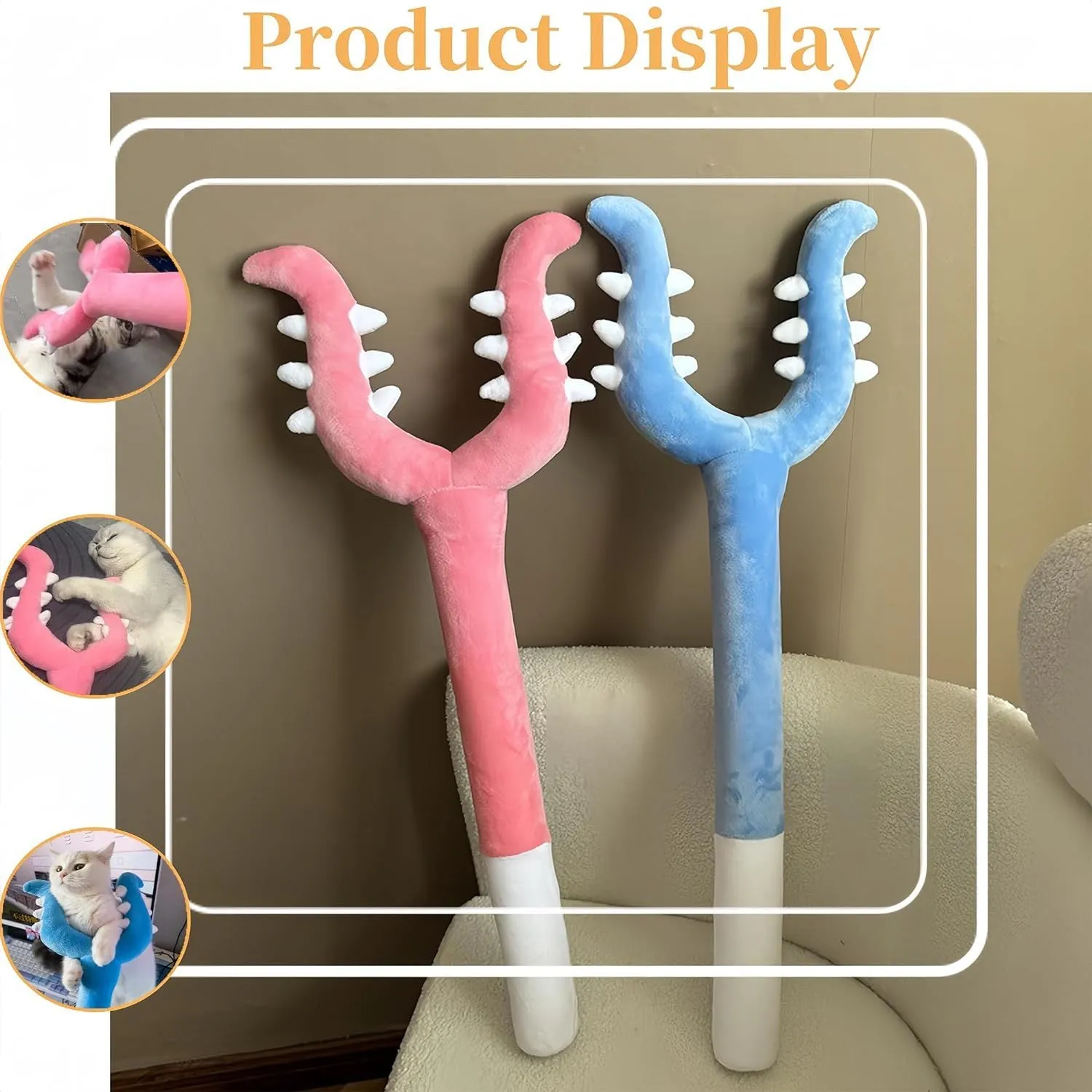 70cm blue plush cat wand toy with soft foam-filled head for interactive play