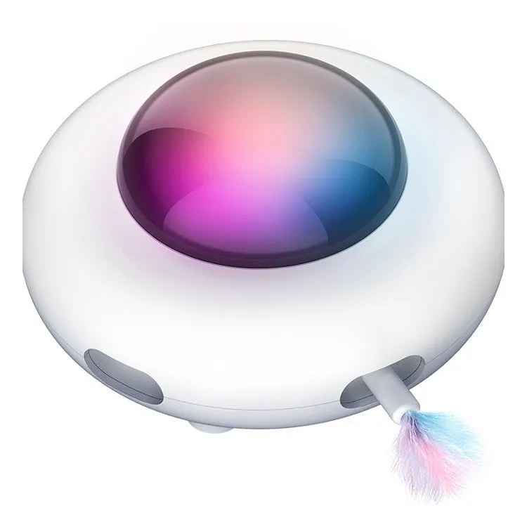 UFO electric cat toy with vibration activation, showing UFO body, feathers, and cleaning rings on a surface