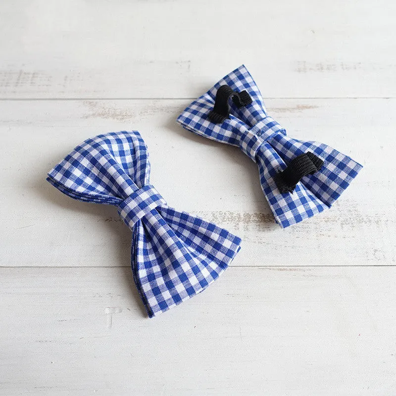 Blue checkered polyester dog bow tie on a collar, XS to XL size options available