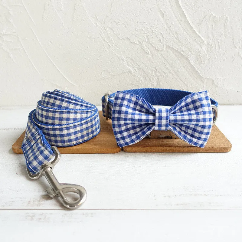 Blue checkered polyester dog bow tie on a collar, XS to XL size options available