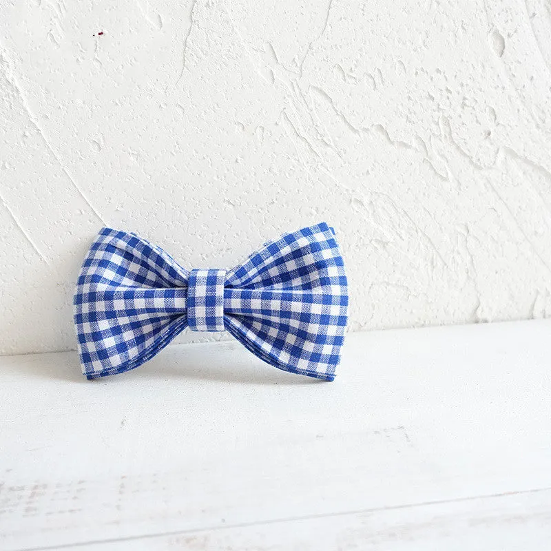 Blue checkered polyester dog bow tie on a collar, XS to XL size options available