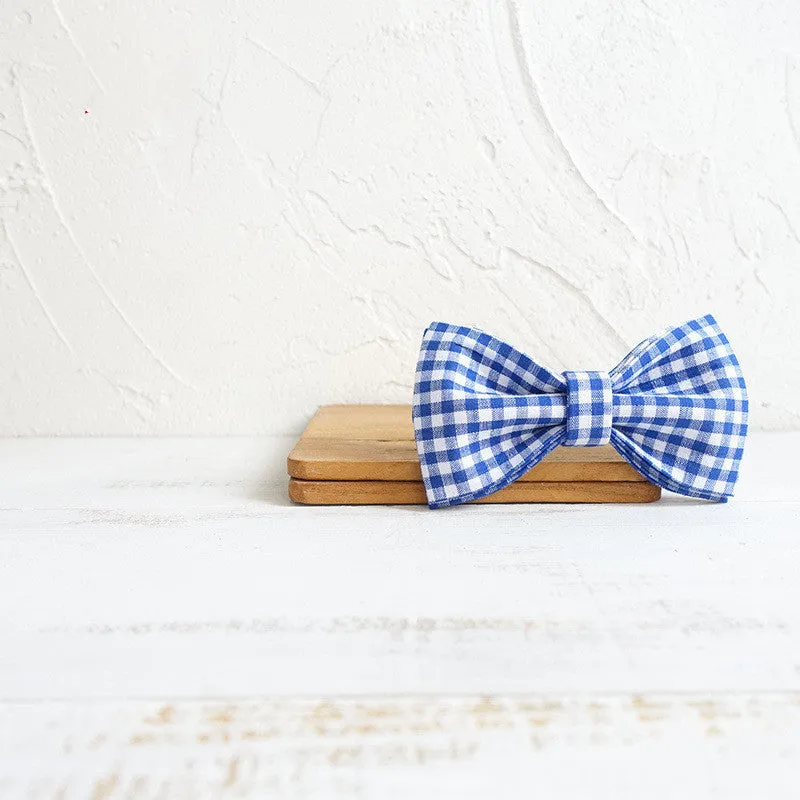 Blue checkered polyester dog bow tie on a collar, XS to XL size options available