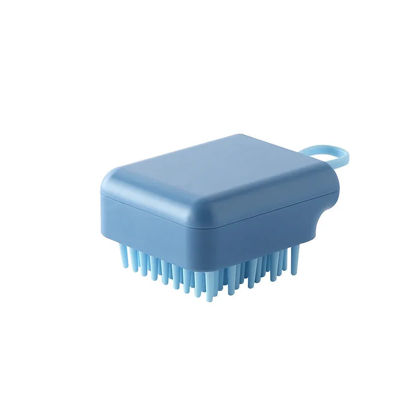Pet dog cat bath brush with soft TPR prongs in blue colour, ergonomic design for wet and dry grooming