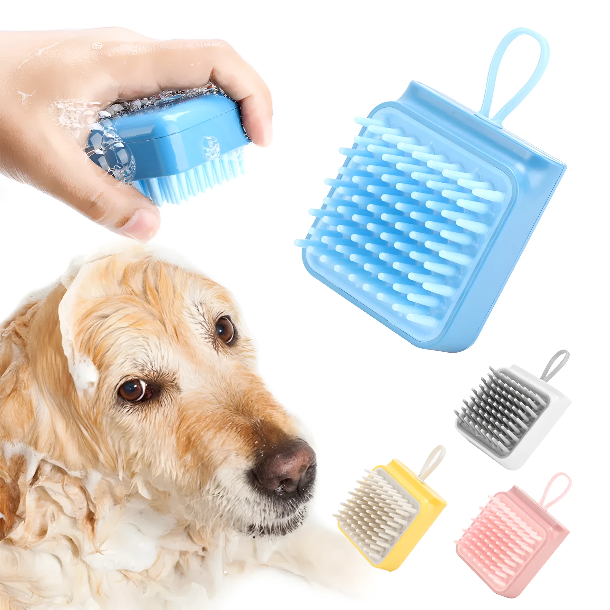 Pet dog cat bath brush with soft TPR prongs in blue colour, ergonomic design for wet and dry grooming