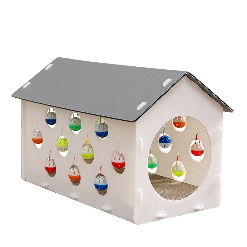 Plastic integrated cat scratch board, nest bed, and tunnel toy with a bell.