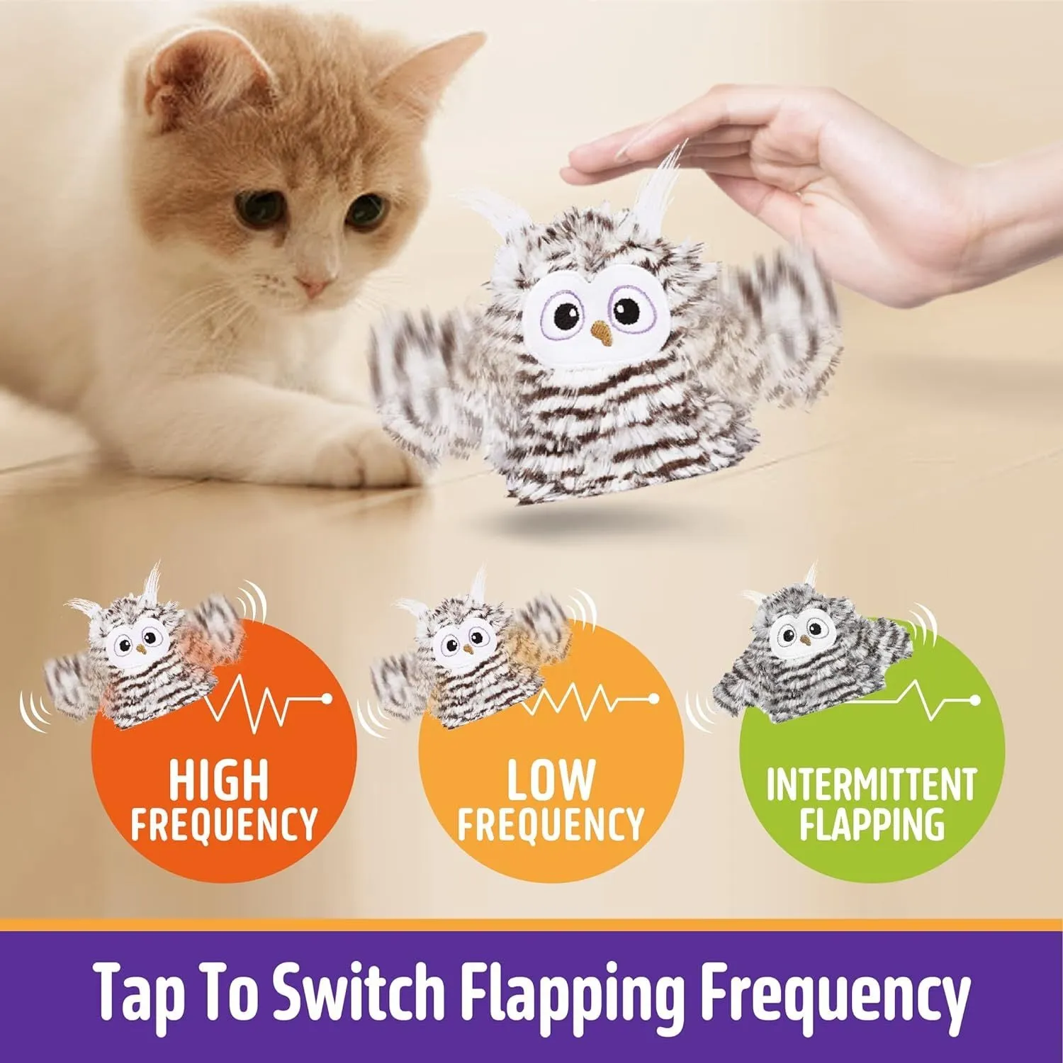 Gray rechargeable automatic chirping owl cat toy with flapping wings