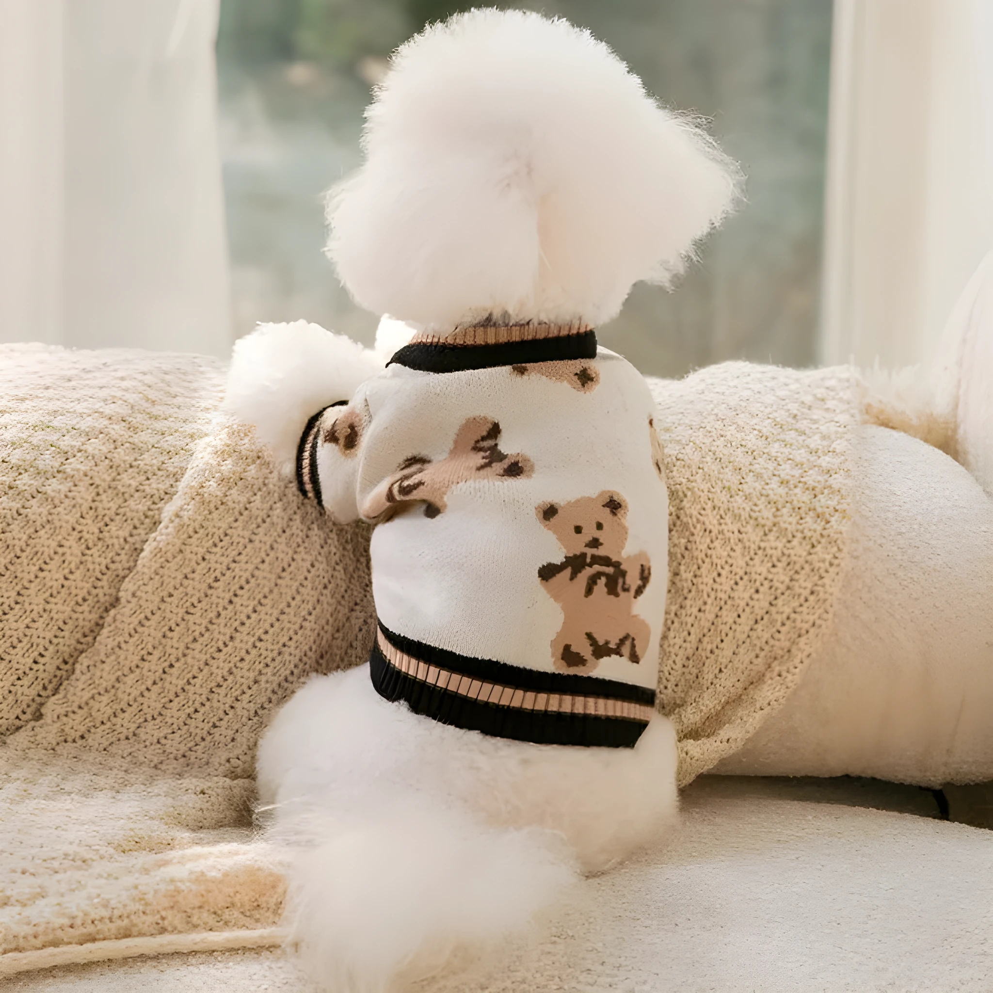 Preppy style wool striped pet sweater for dogs cats in beige colour with V-neck and leash hole on back