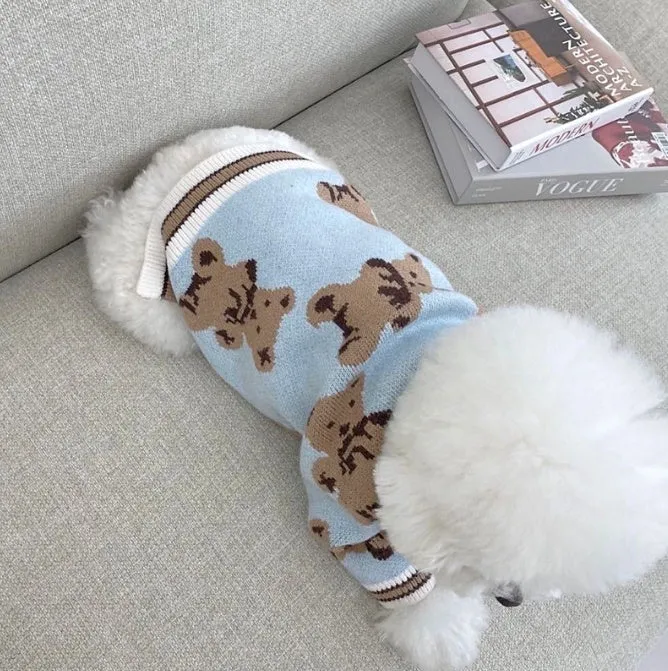Preppy style wool striped pet sweater for dogs cats in beige colour with V-neck and leash hole on back