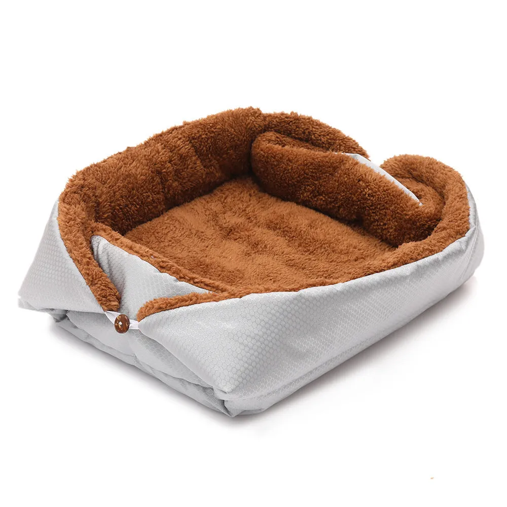 Foldable pet bed mat in plush and imitation linen with multiple colour options