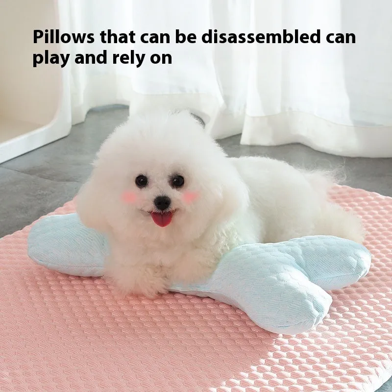 Pink dog cooling mat with ice bean fabric and mesh construction on a light background