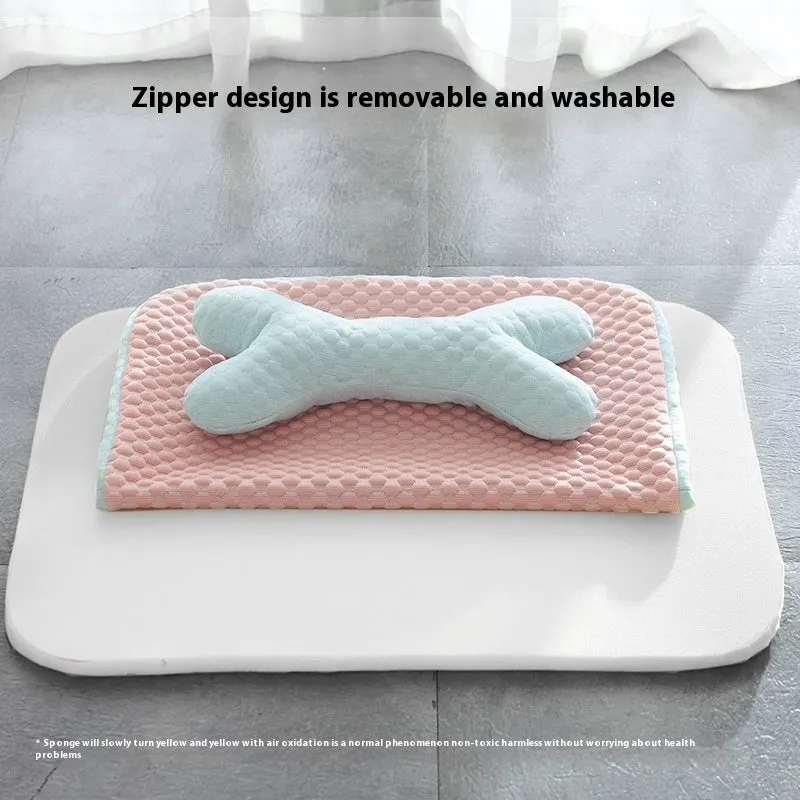 Pink dog cooling mat with ice bean fabric and mesh construction on a light background