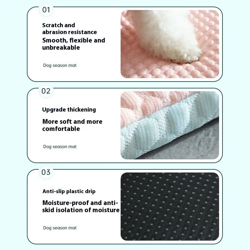 Pink dog cooling mat with ice bean fabric and mesh construction on a light background