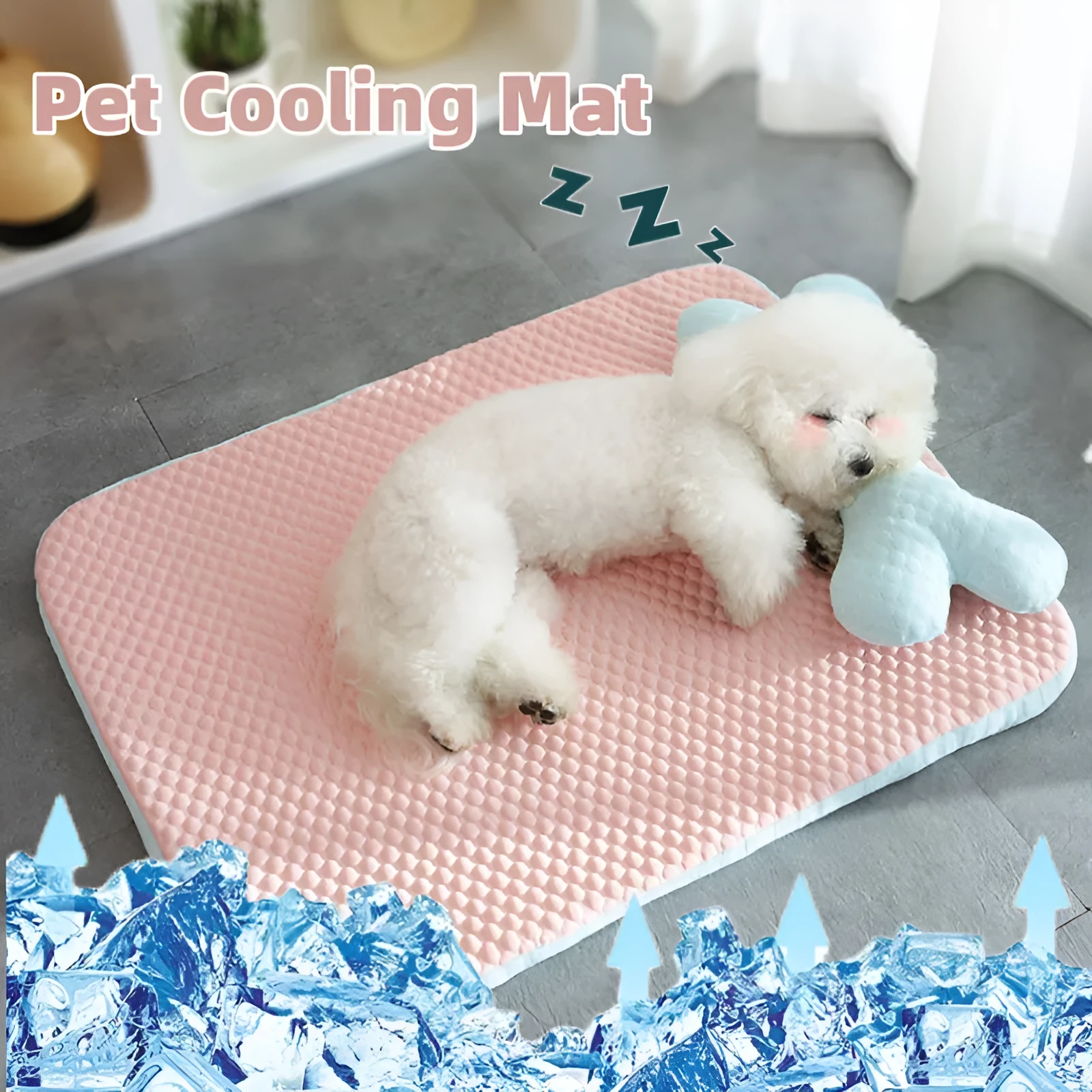 Pink dog cooling mat with ice bean fabric and mesh construction on a light background