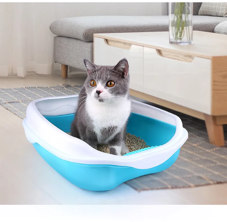 Large blue semi-enclosed thickened plastic cat litter box with cat shovel and optional mat