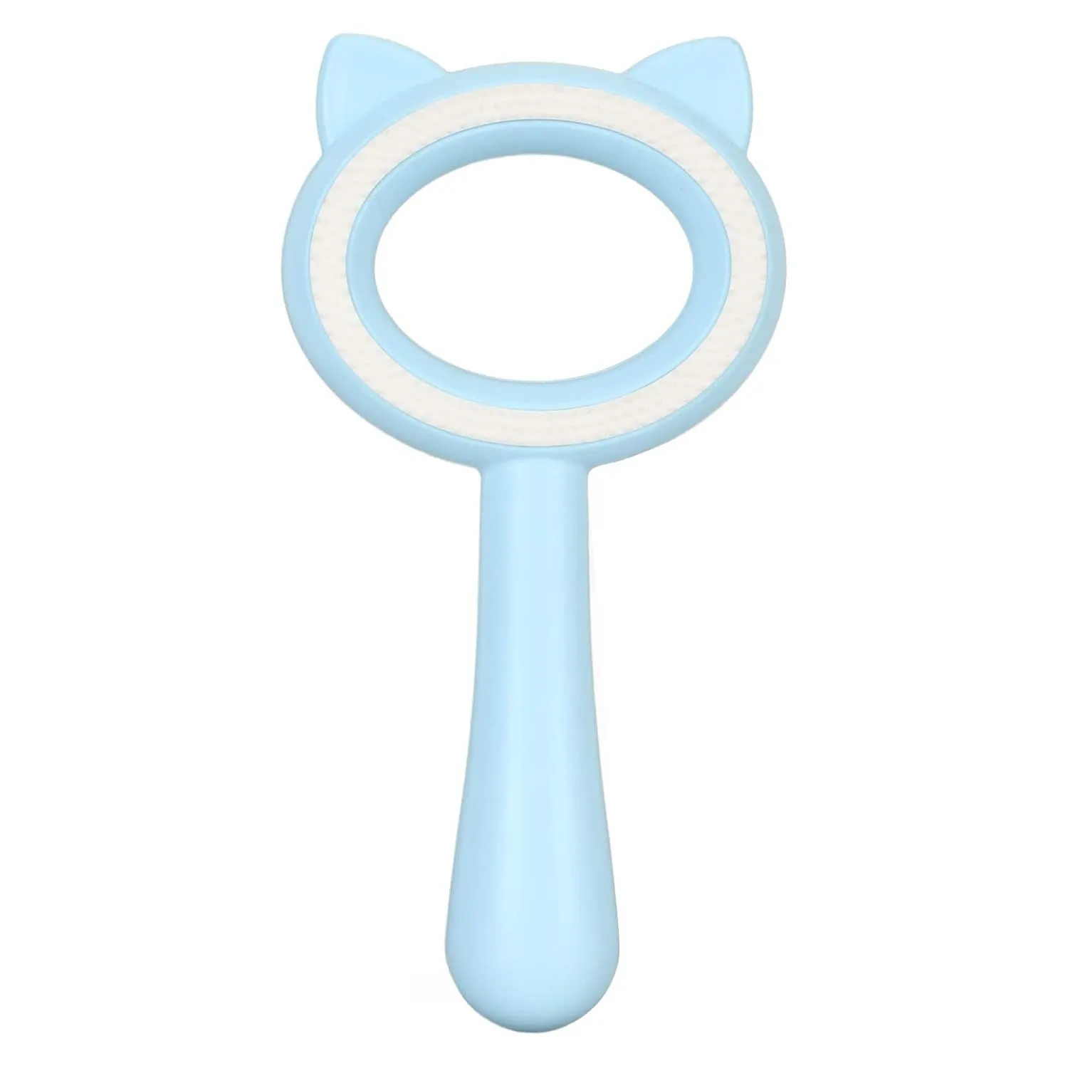 Blue and white double-sided pet grooming brush with ergonomic handle on a table