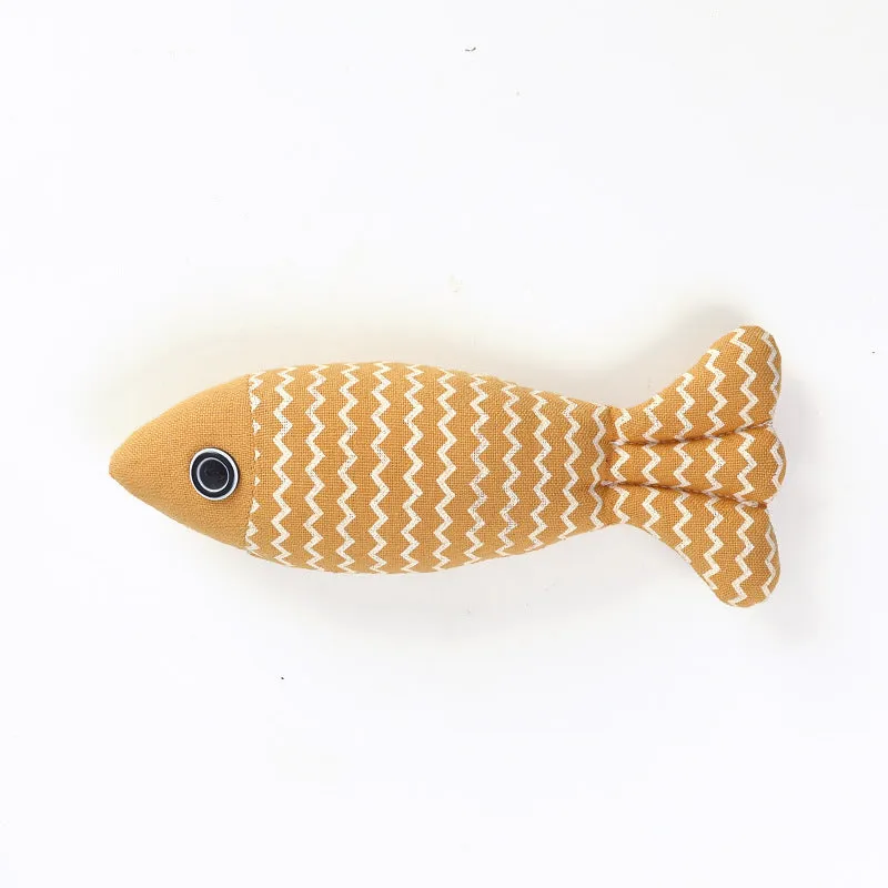 Set of three linen fish cat biting toys in navy blue, red, and yellow. Each measures 21x9x5cm.