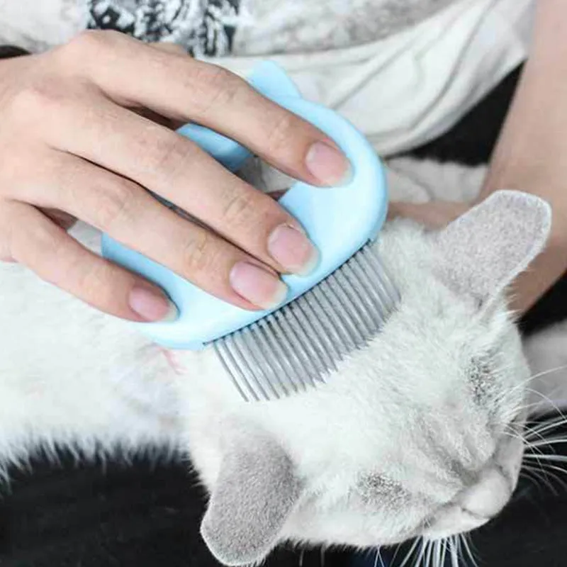 ABS plastic cat massage comb in blue, green, and pink colours, 10x9 cm, for grooming long and short haired cats