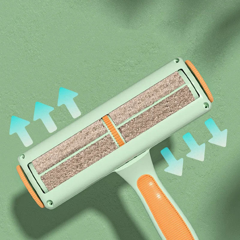 Pet hair remover roller brush with automatic cleaning, 19x18cm, in green orange, on a sofa surface.