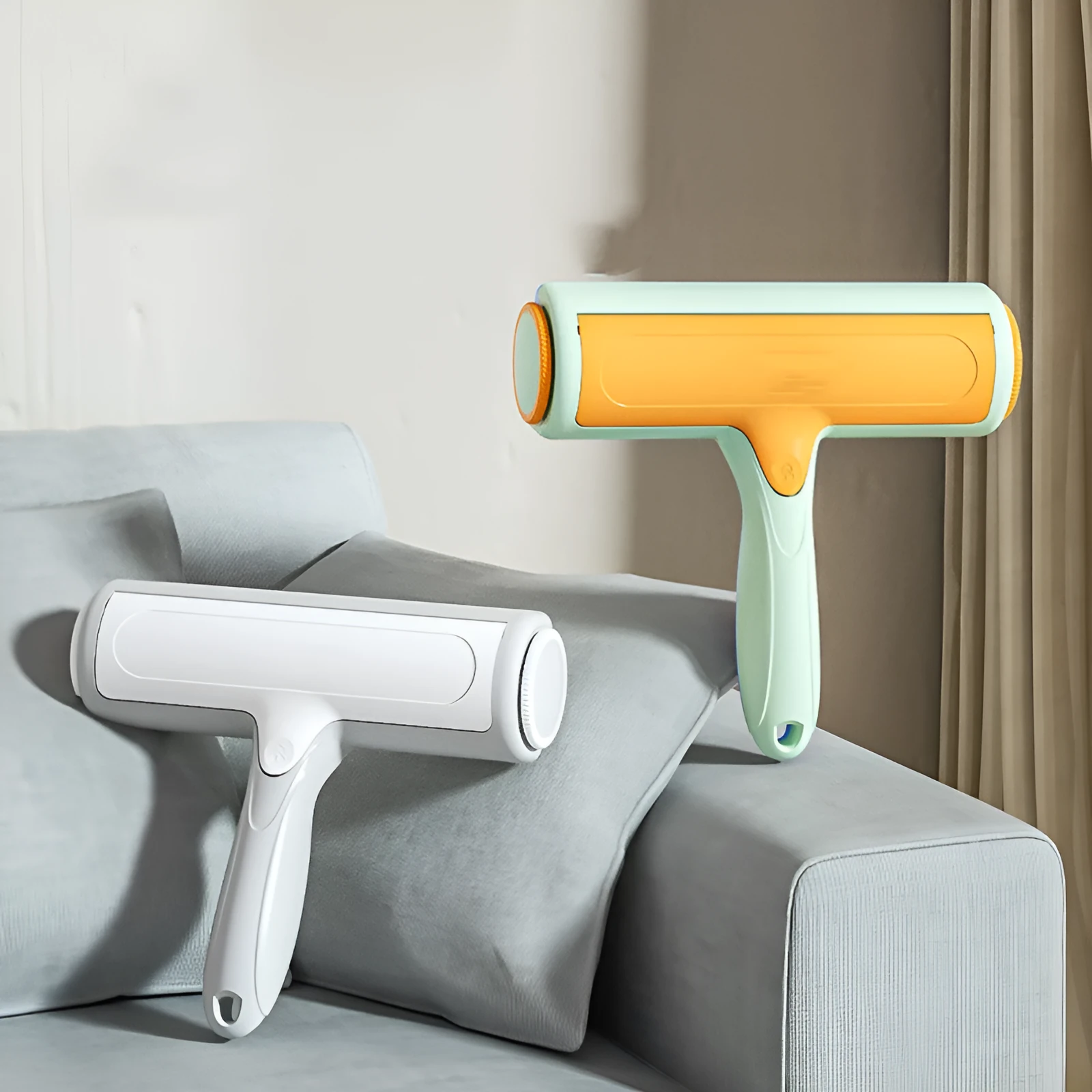 Pet hair remover roller brush with automatic cleaning, 19x18cm, in green orange, on a sofa surface.