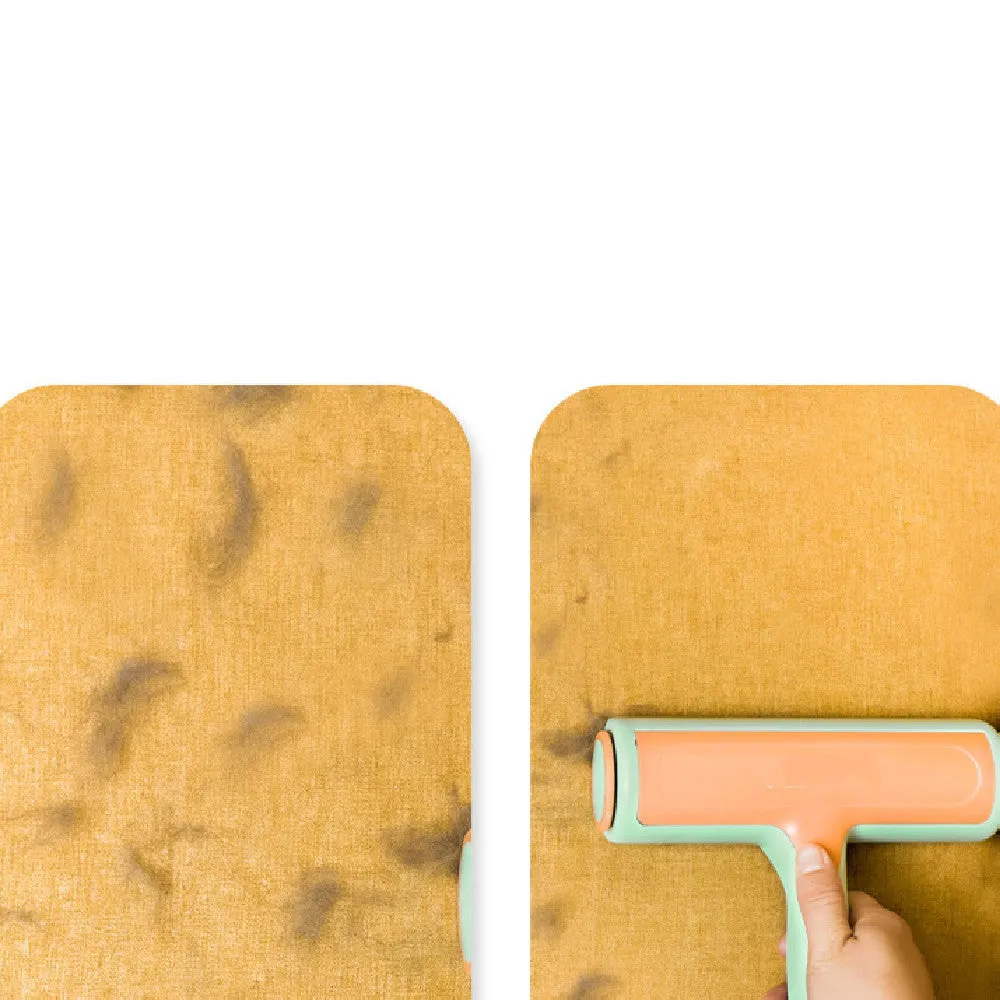 Pet hair remover roller brush with automatic cleaning, 19x18cm, in green orange, on a sofa surface.