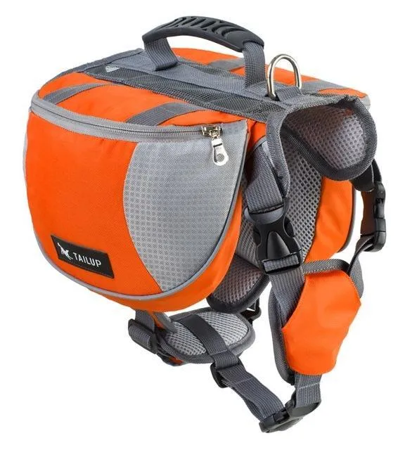 Black dog hiking pack with reflective tape and adjustable neck straps on Siberian Husky outdoors