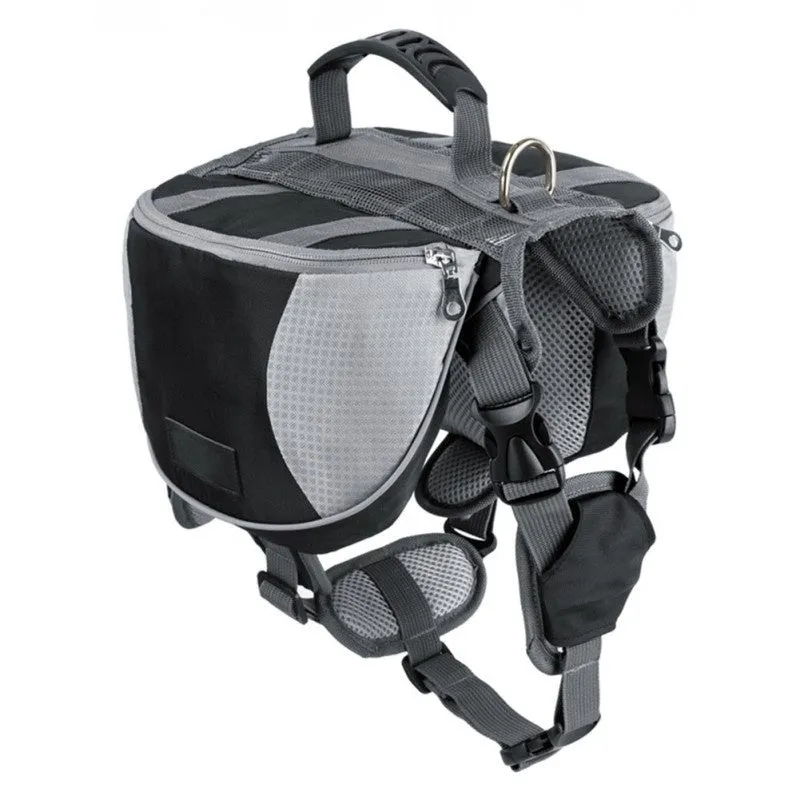 Black dog hiking pack with reflective tape and adjustable neck straps on Siberian Husky outdoors