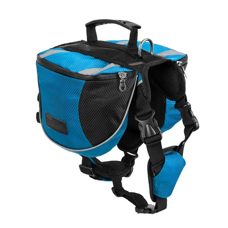 Black dog hiking pack with reflective tape and adjustable neck straps on Siberian Husky outdoors