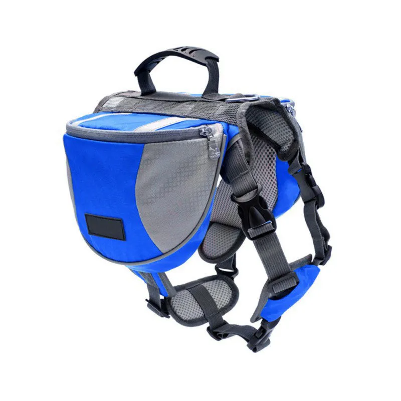 Black dog hiking pack with reflective tape and adjustable neck straps on Siberian Husky outdoors