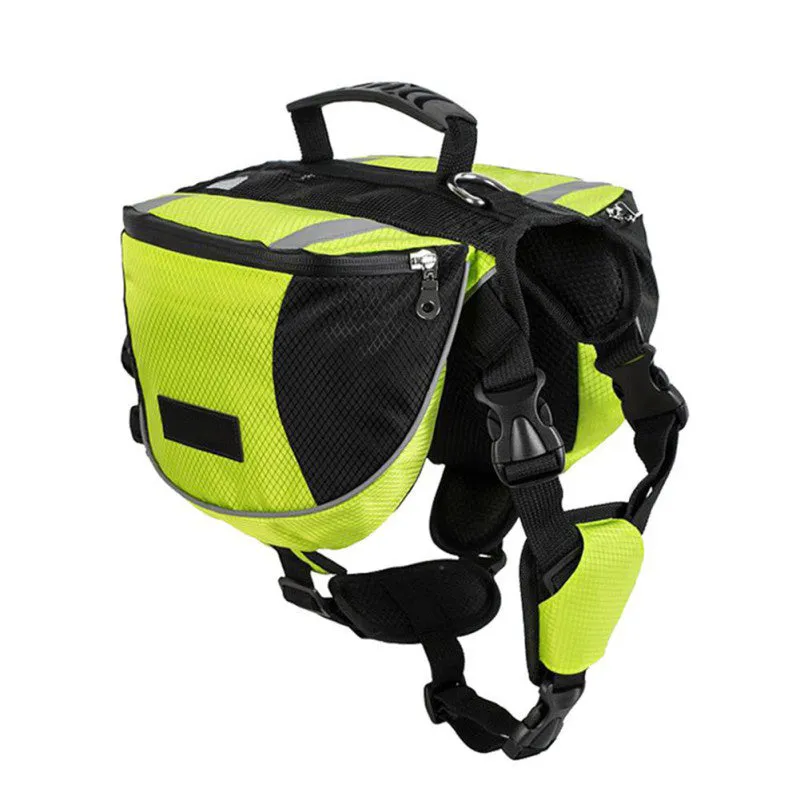 Black dog hiking pack with reflective tape and adjustable neck straps on Siberian Husky outdoors