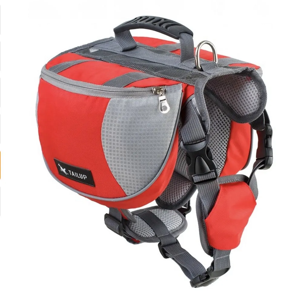 Black dog hiking pack with reflective tape and adjustable neck straps on Siberian Husky outdoors