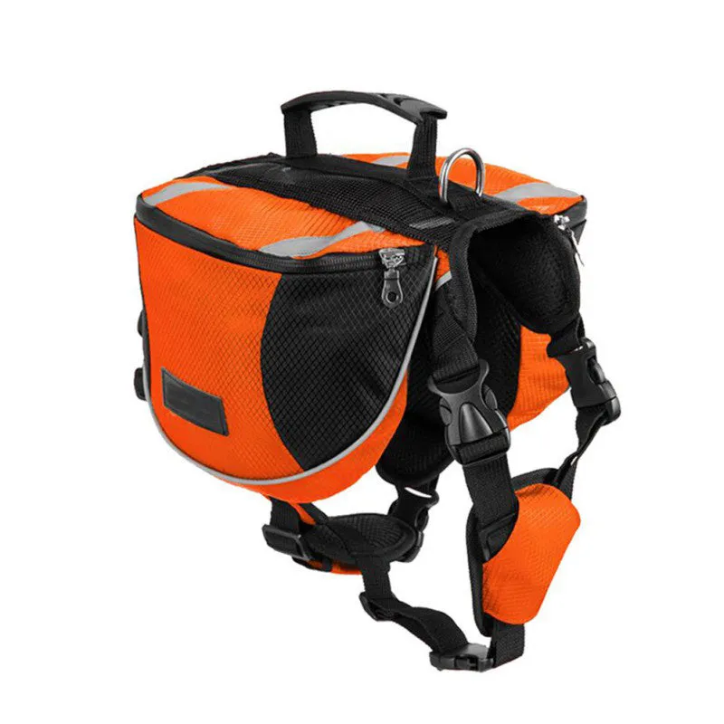 Black dog hiking pack with reflective tape and adjustable neck straps on Siberian Husky outdoors