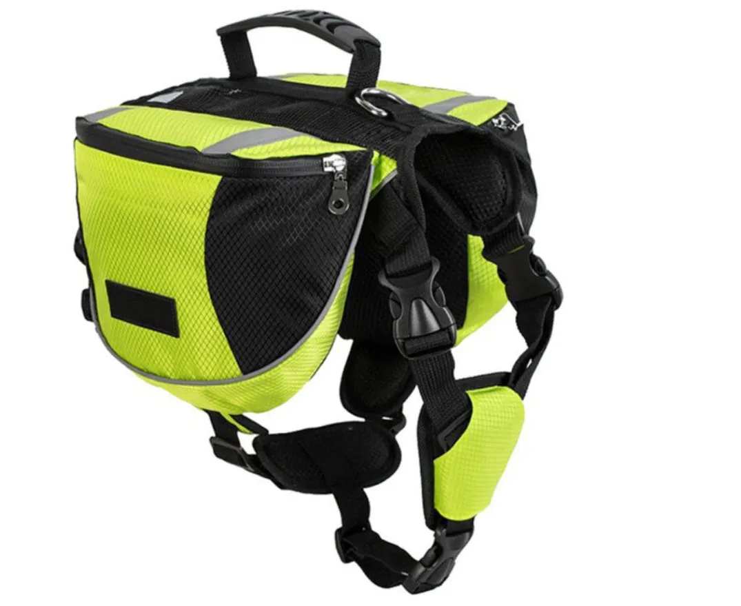 Black dog hiking pack with reflective tape and adjustable neck straps on Siberian Husky outdoors