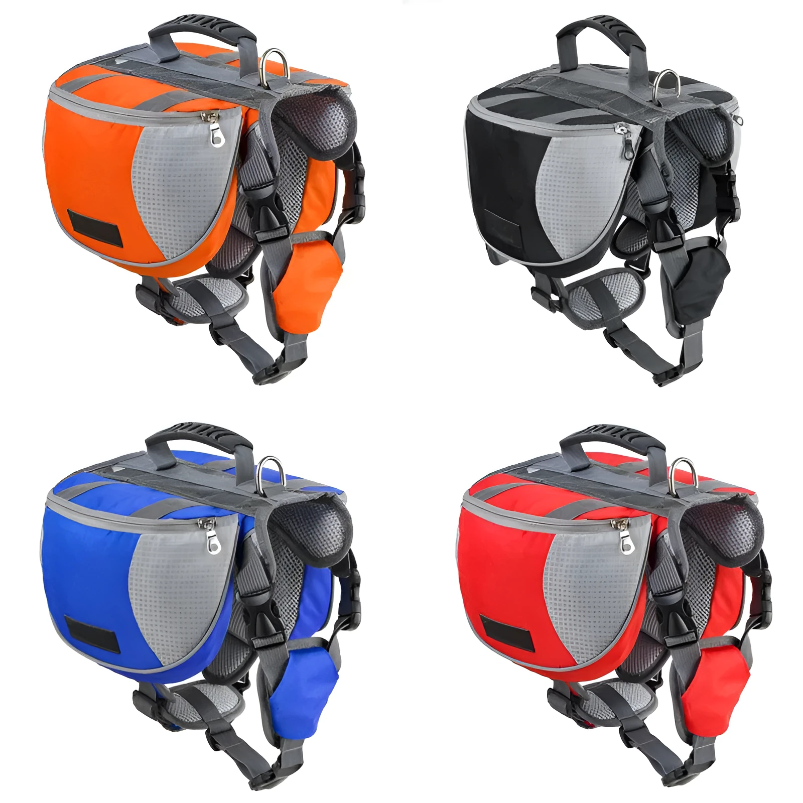 Black dog hiking pack with reflective tape and adjustable neck straps on Siberian Husky outdoors